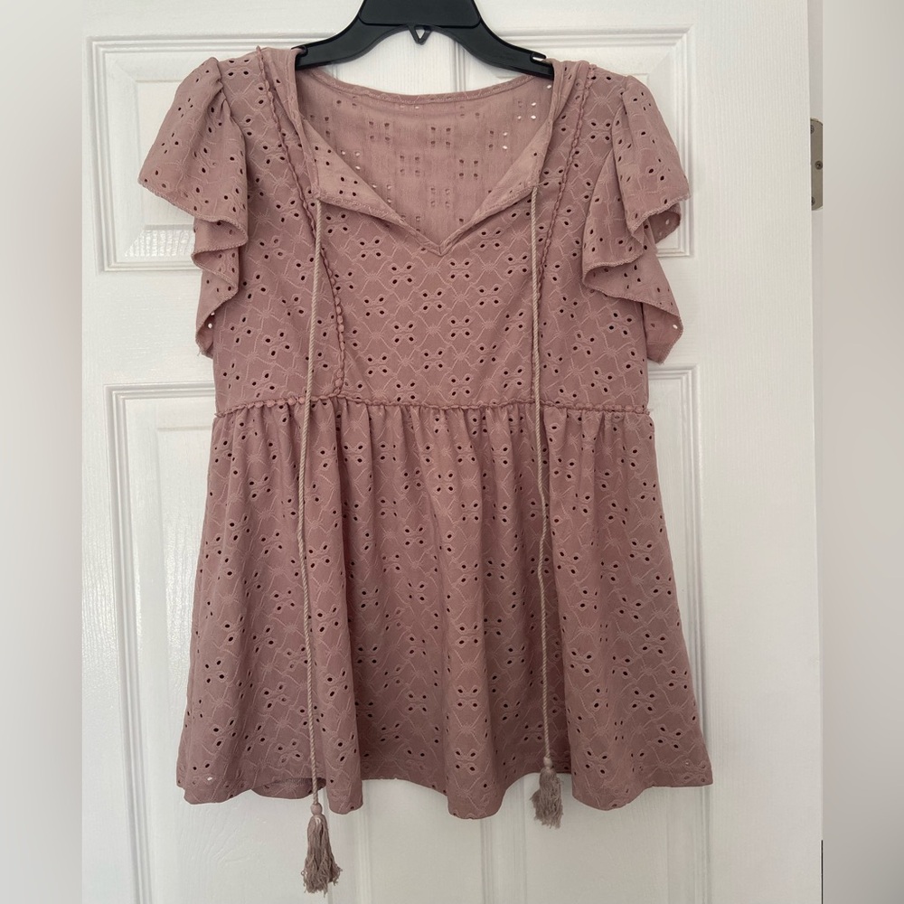 Blush Pink Eyelet Ruffle Sleeve Babydoll Top